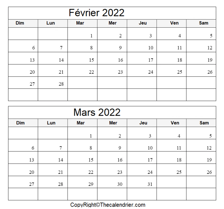 calendrier du mois de mars 2022