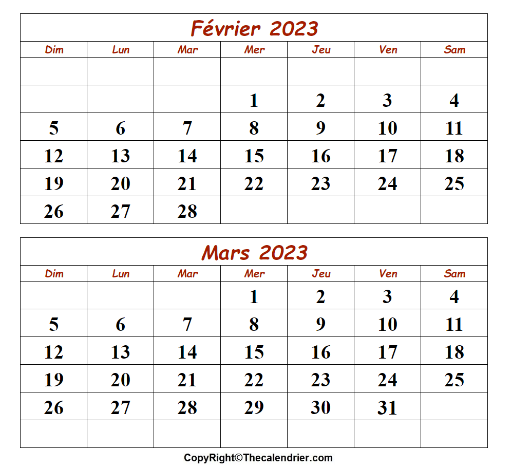 Février Mars 2023 Calendrier