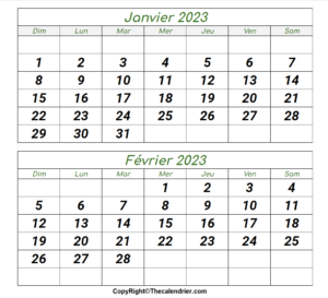 Janvier Février 2023 Calendrier PDF