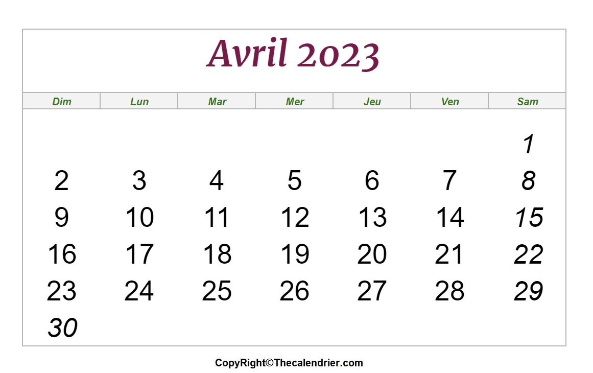 Calendrier Imprimable de Avril 2023