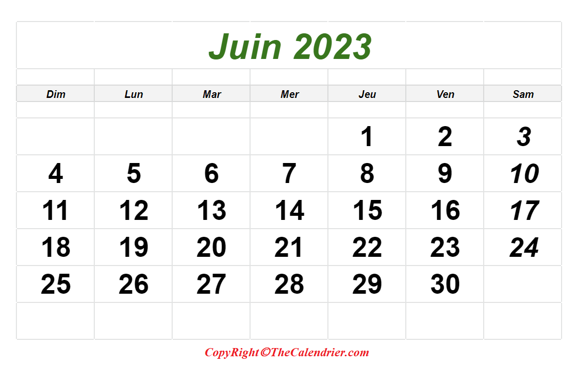 Calendrier Imprimable de Juin 2023