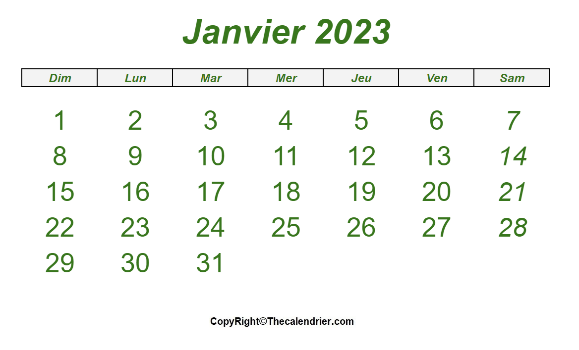 Calendrier Janvier 2023 Imprimable