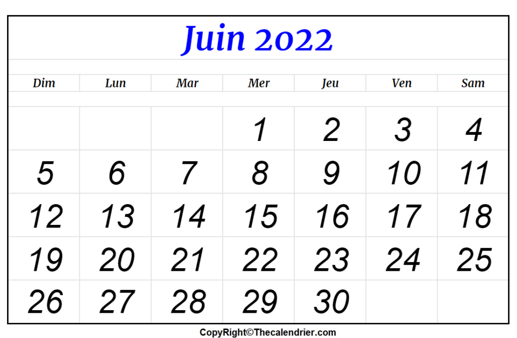 Calendrier Juin 2022 à Imprimable The Calendrier