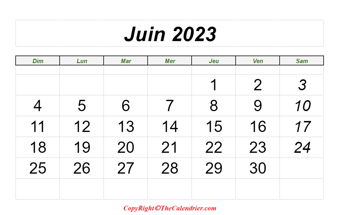 Calendrier Juin 2023 à Imprimable