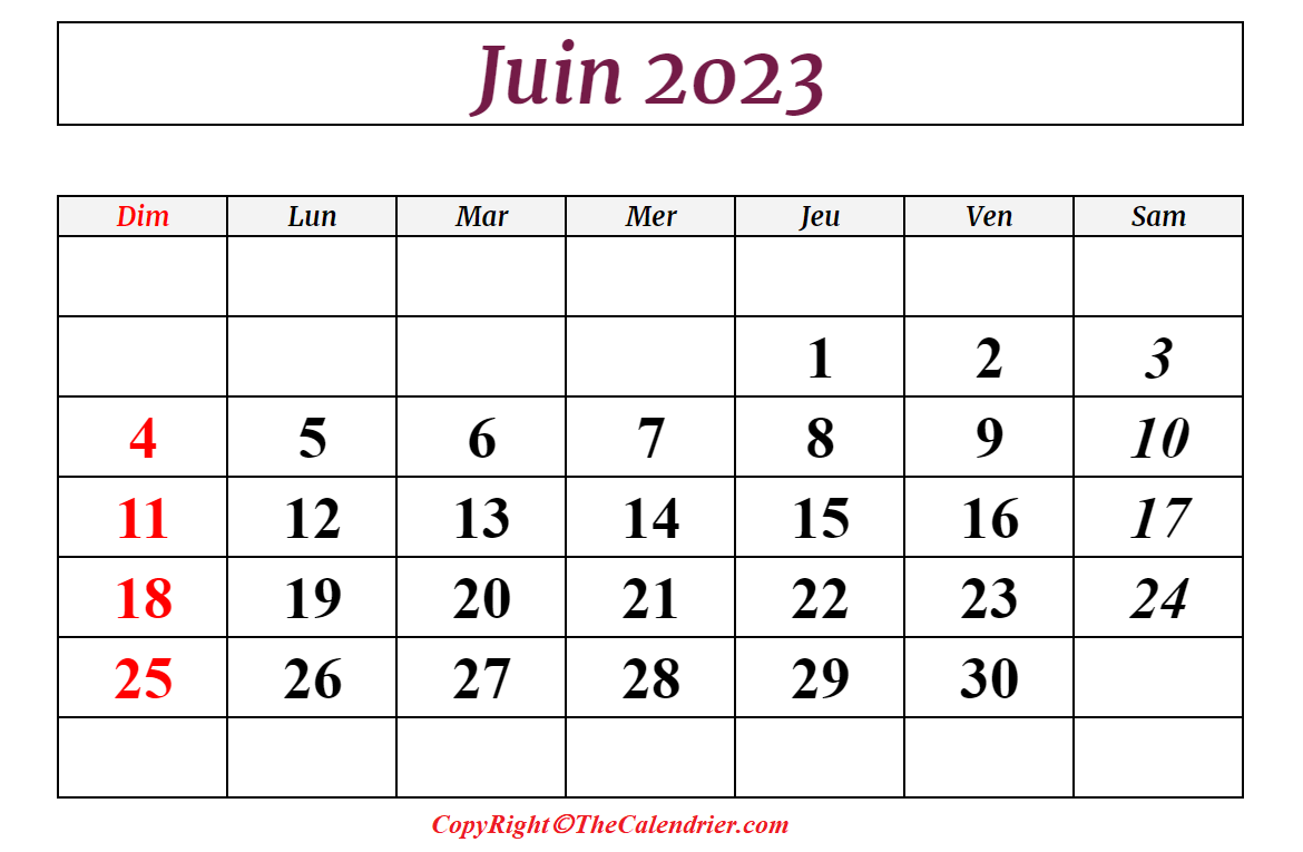 Juin 2023 Calendrier