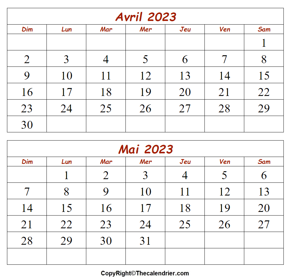 Avril Mai 2023 Calendrier