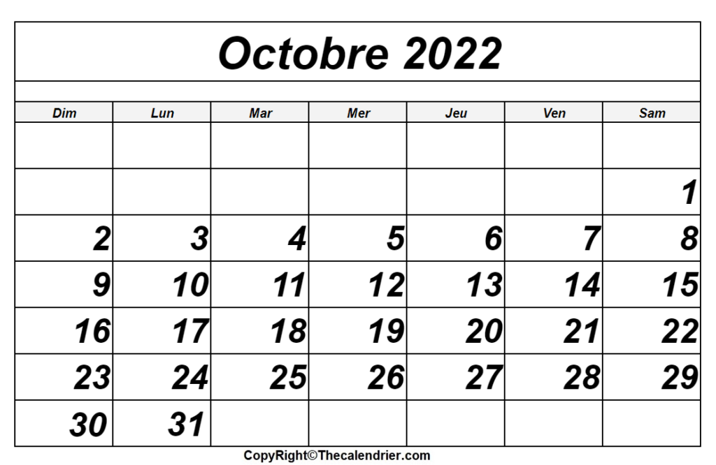 Calendrier à Imprimer Octobre 2022 thecalendrier.com