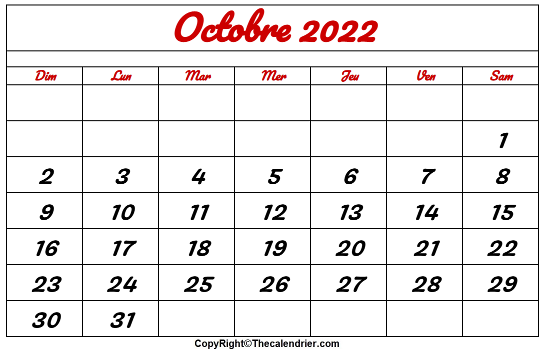 Calendrier Octobre 2022 PDF