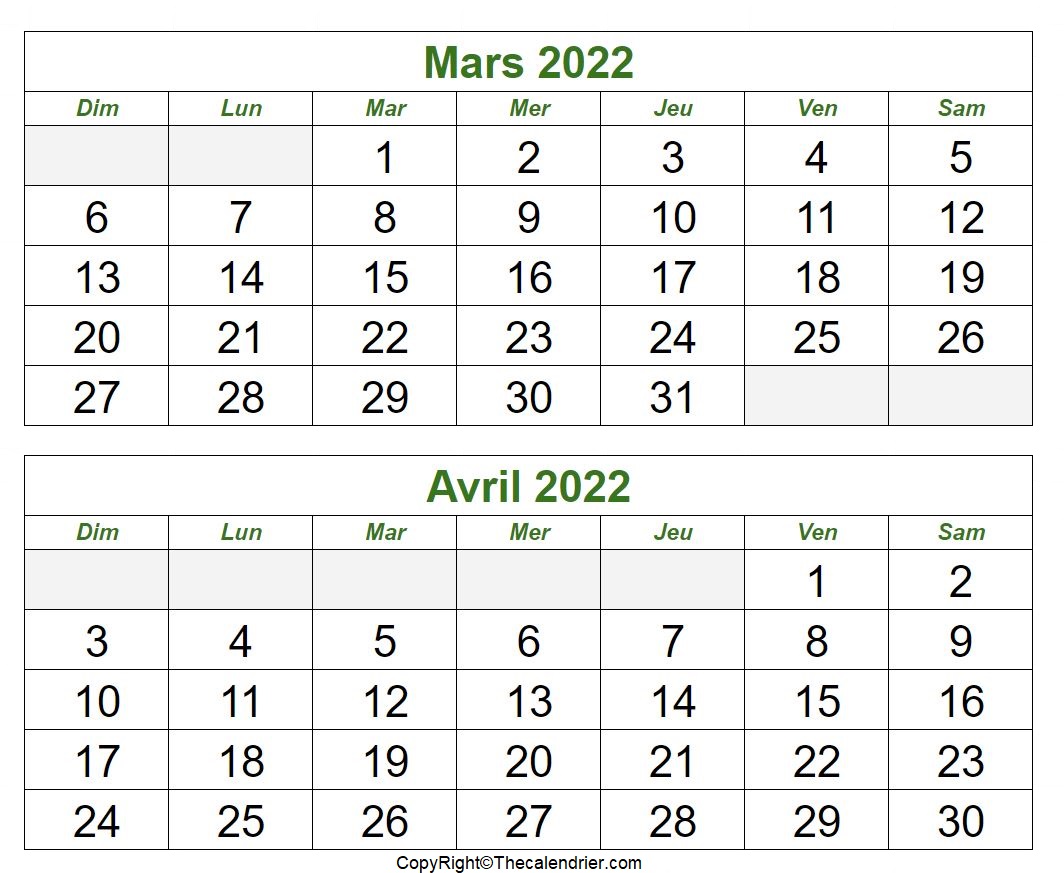 Mars Avril 2022 Calendrier