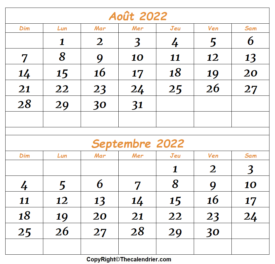 Calendrier Août Septembre 2022