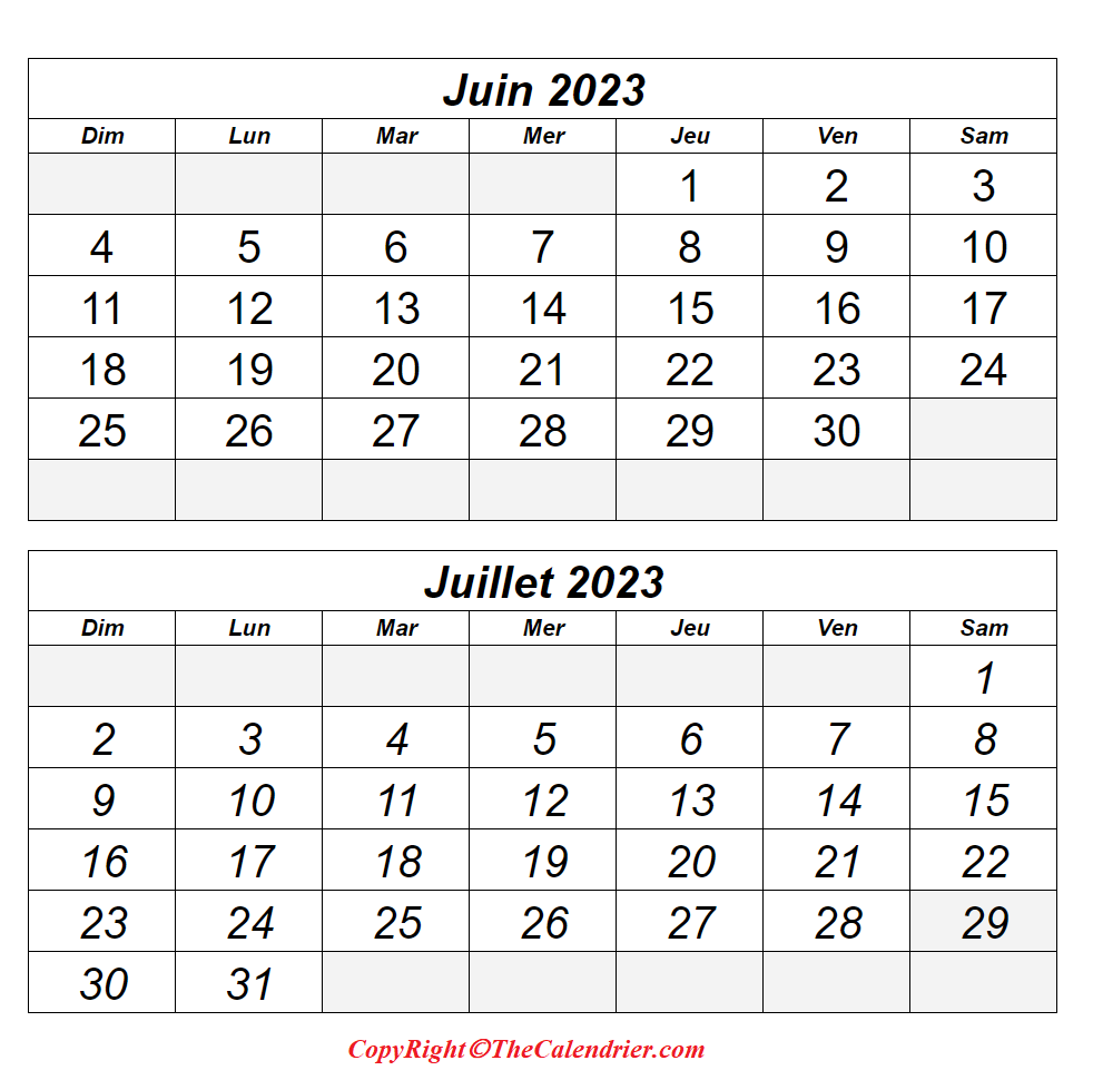 Calendrier Juin Juillet 2023 à imprimer