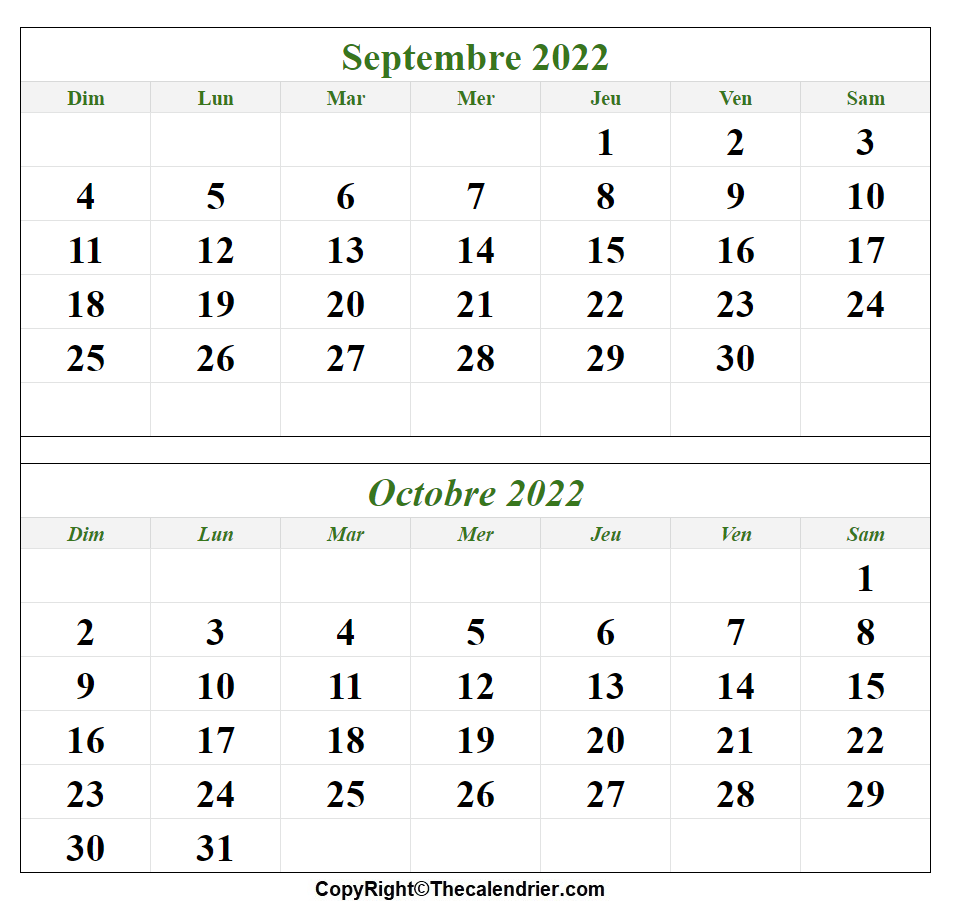 Calendrier Mois Septembre Octobre 2022 a Imprimer