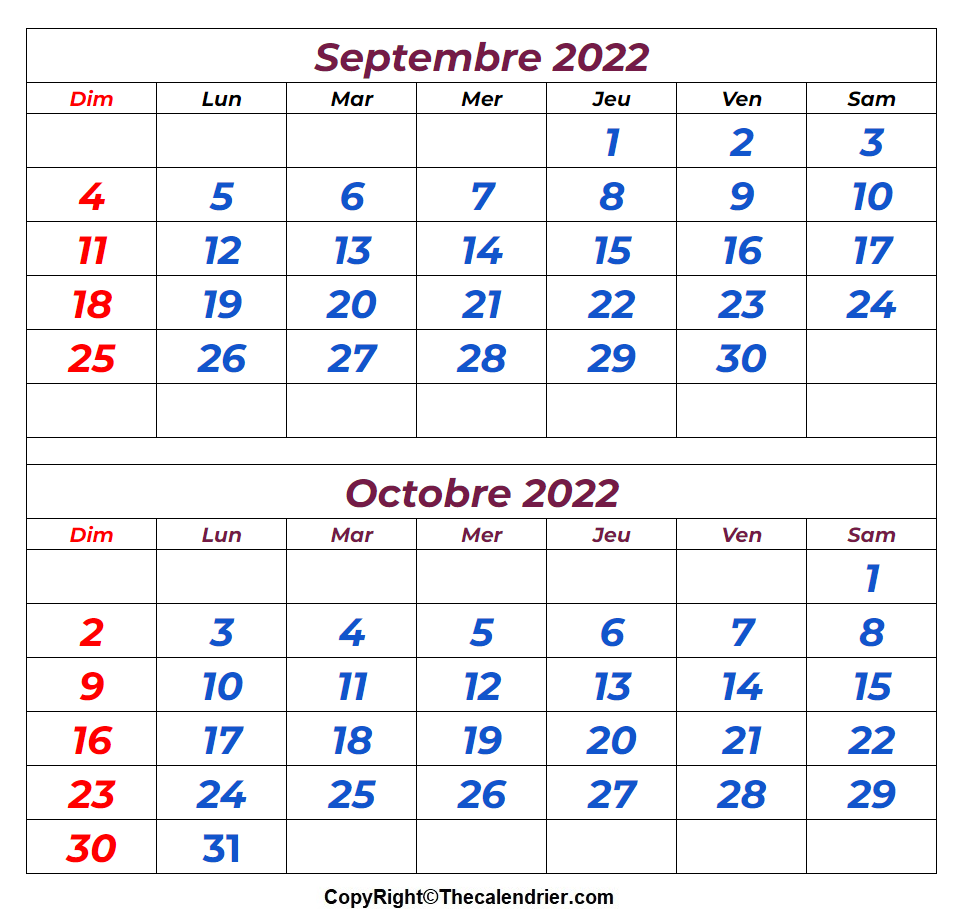 Calendrier Septembre Octobre 2022 à imprimer