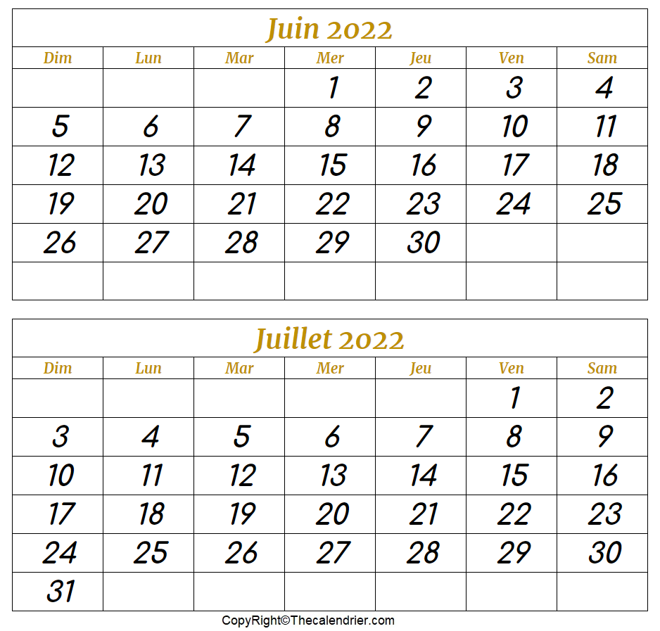Calendrier juin Juillet 2022 à imprimer