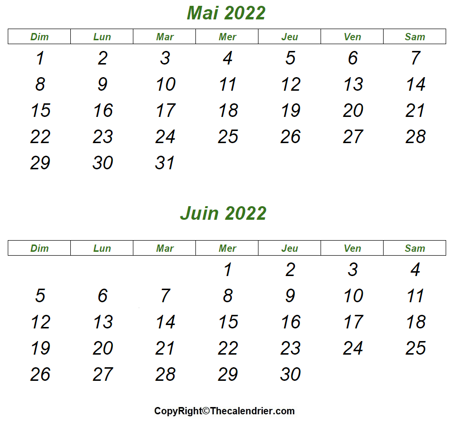 Mai juin 2022 Calendrier PDF