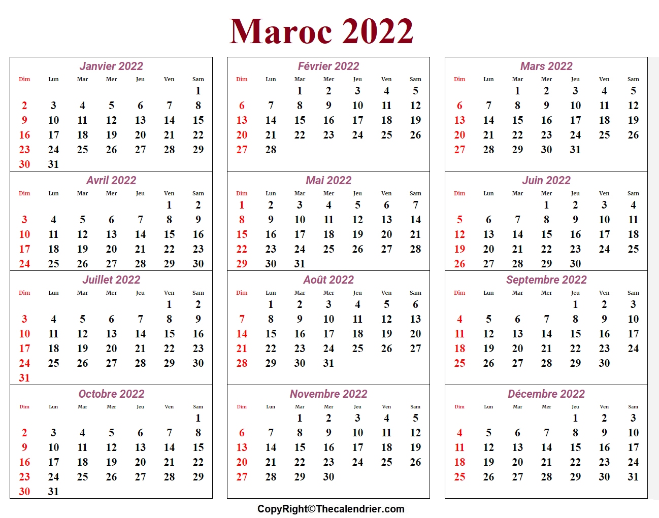 Calendrier 2022 Maroc en Arabe