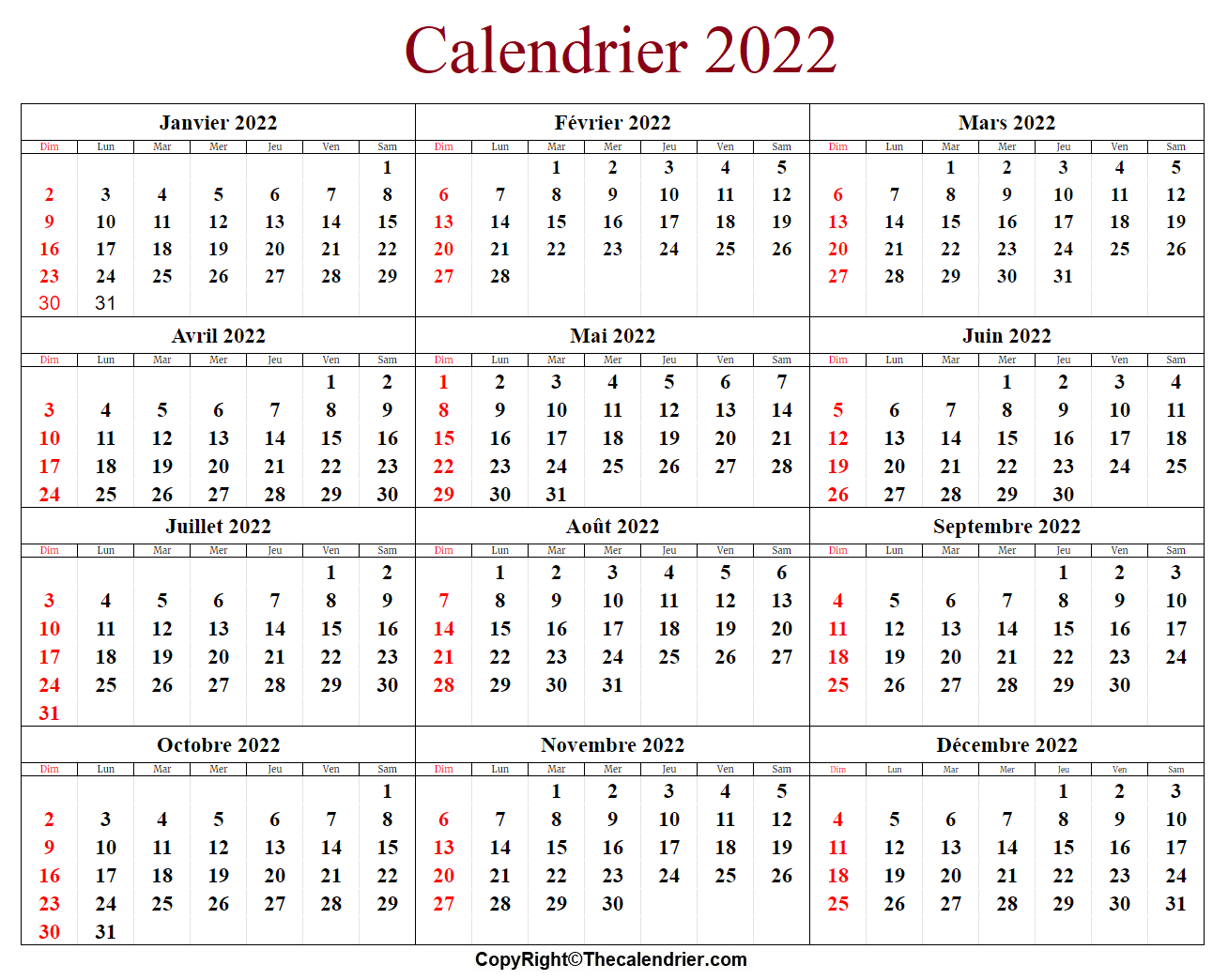 Imprimable Calendrier 2022