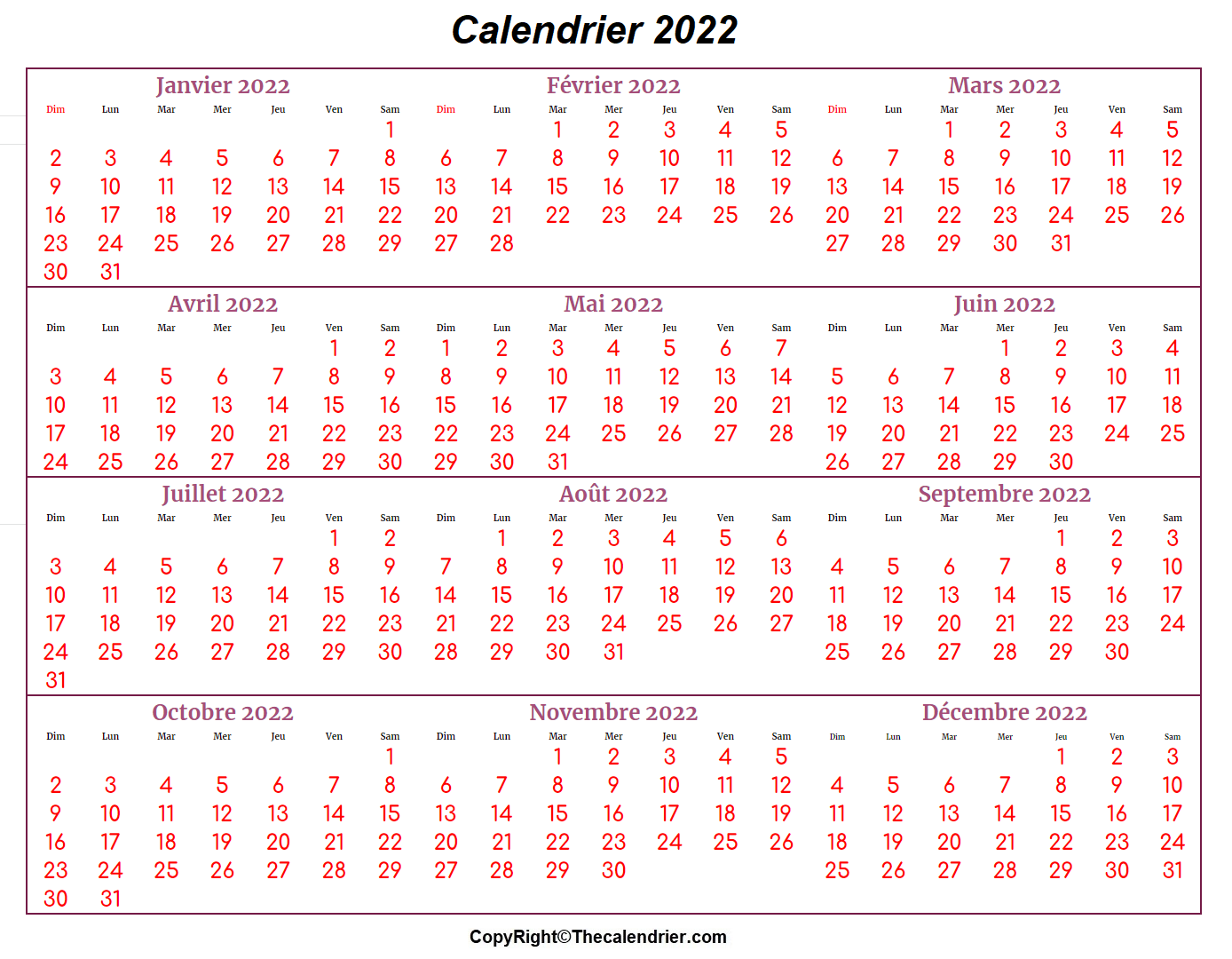 Calendrier 2022 Avec Semaine
