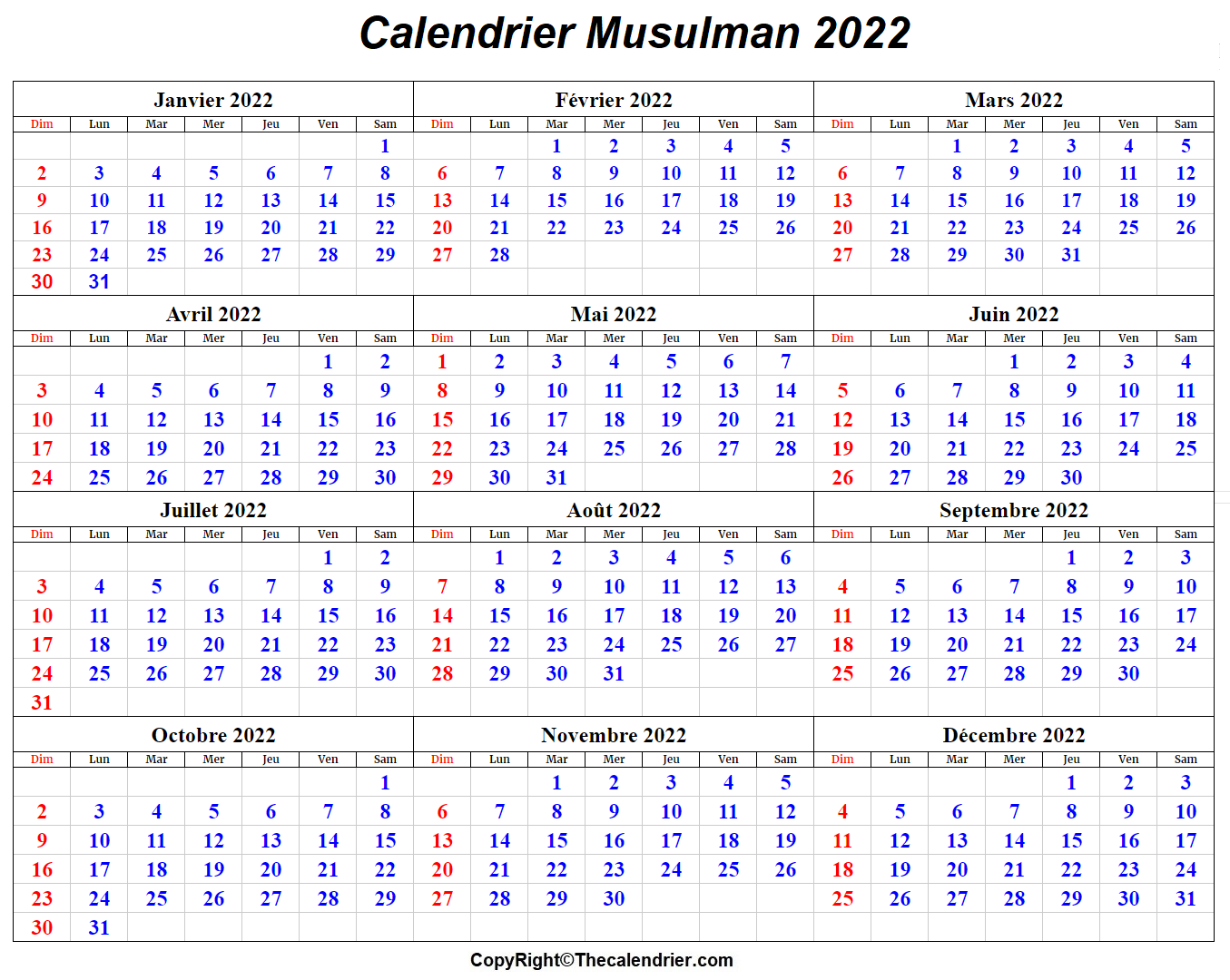 Calendrier Hijri 2022