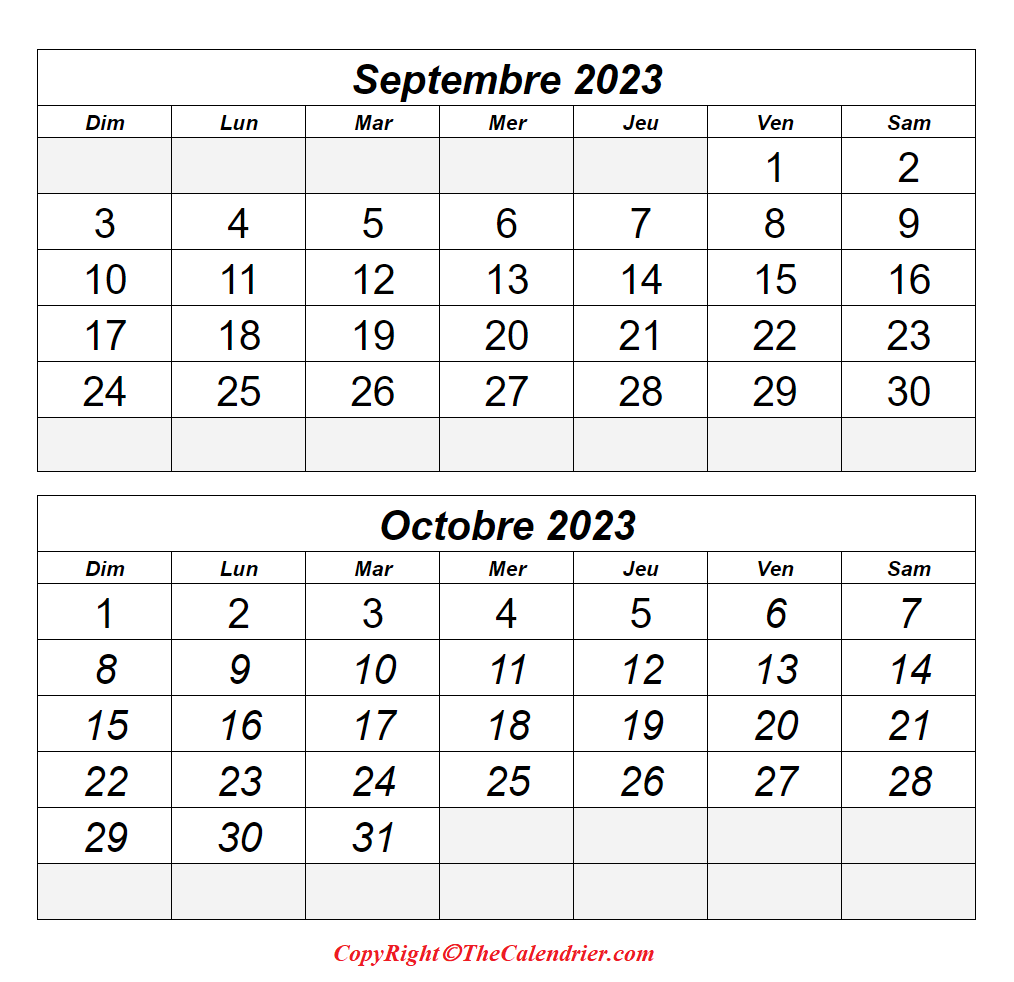 Calendrier Septembre Octobre 2023 à imprimer