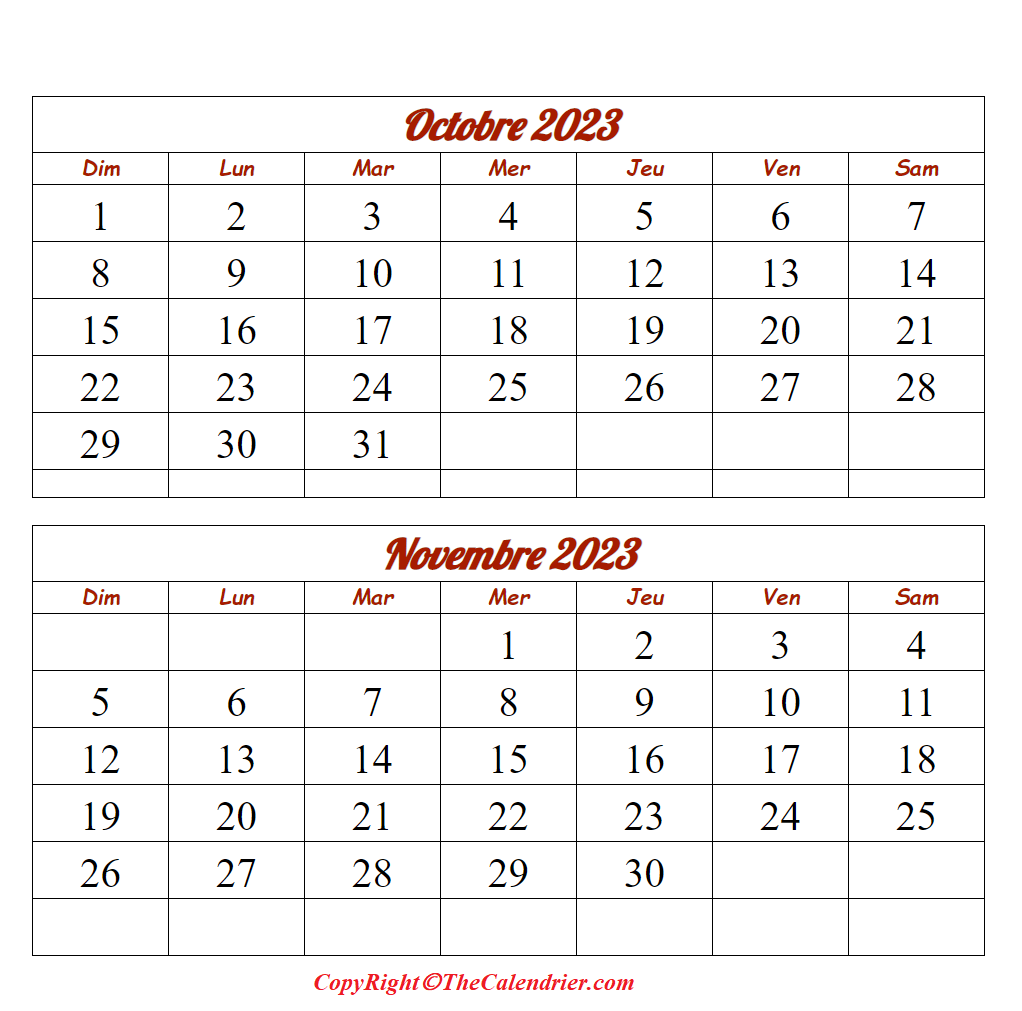 Octobre Novembre 2023 Calendrier