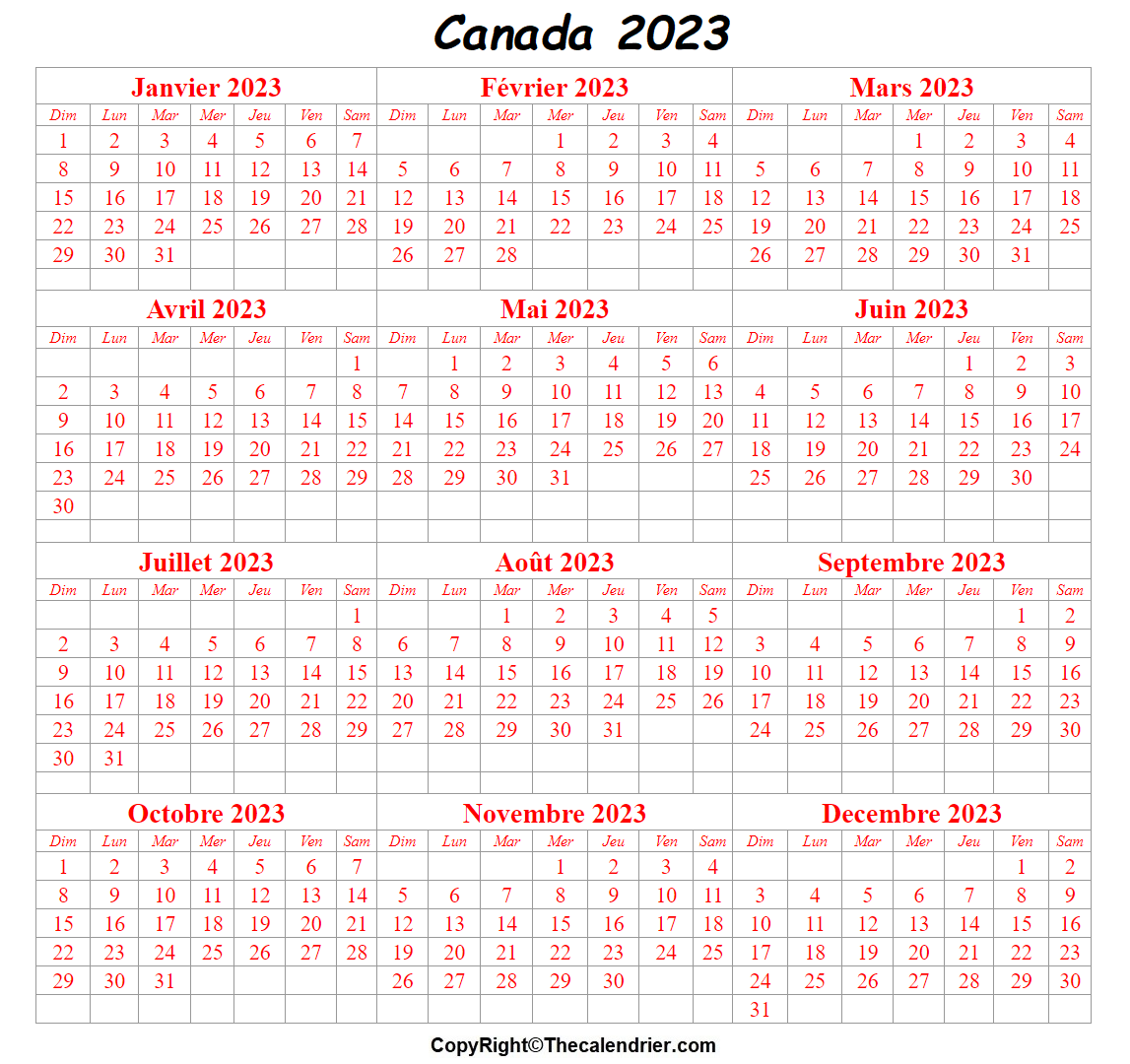 Calendrier Canadien 2023