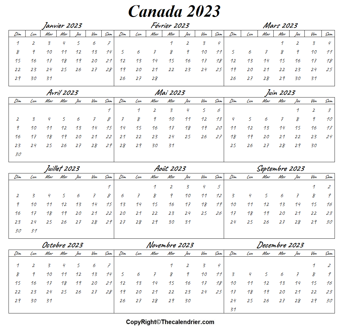 Canada 2023 Calendrier Imprimable