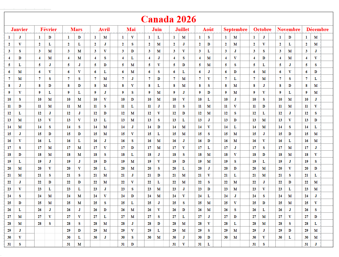 Calendrier 2026 Canada PDF