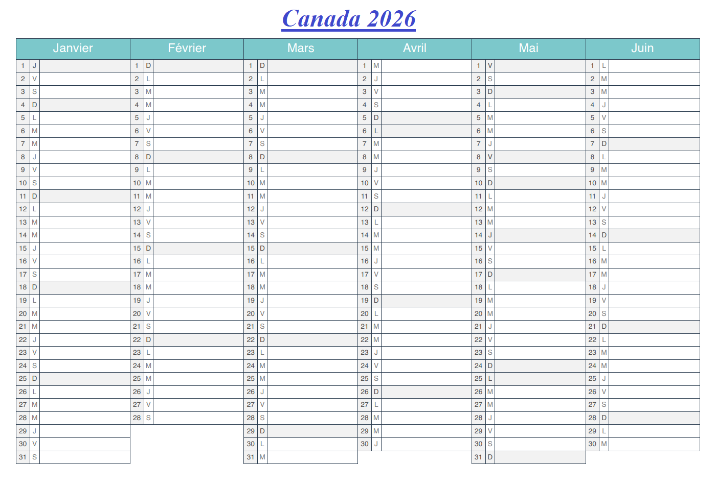 Calendrier 2026 Canada