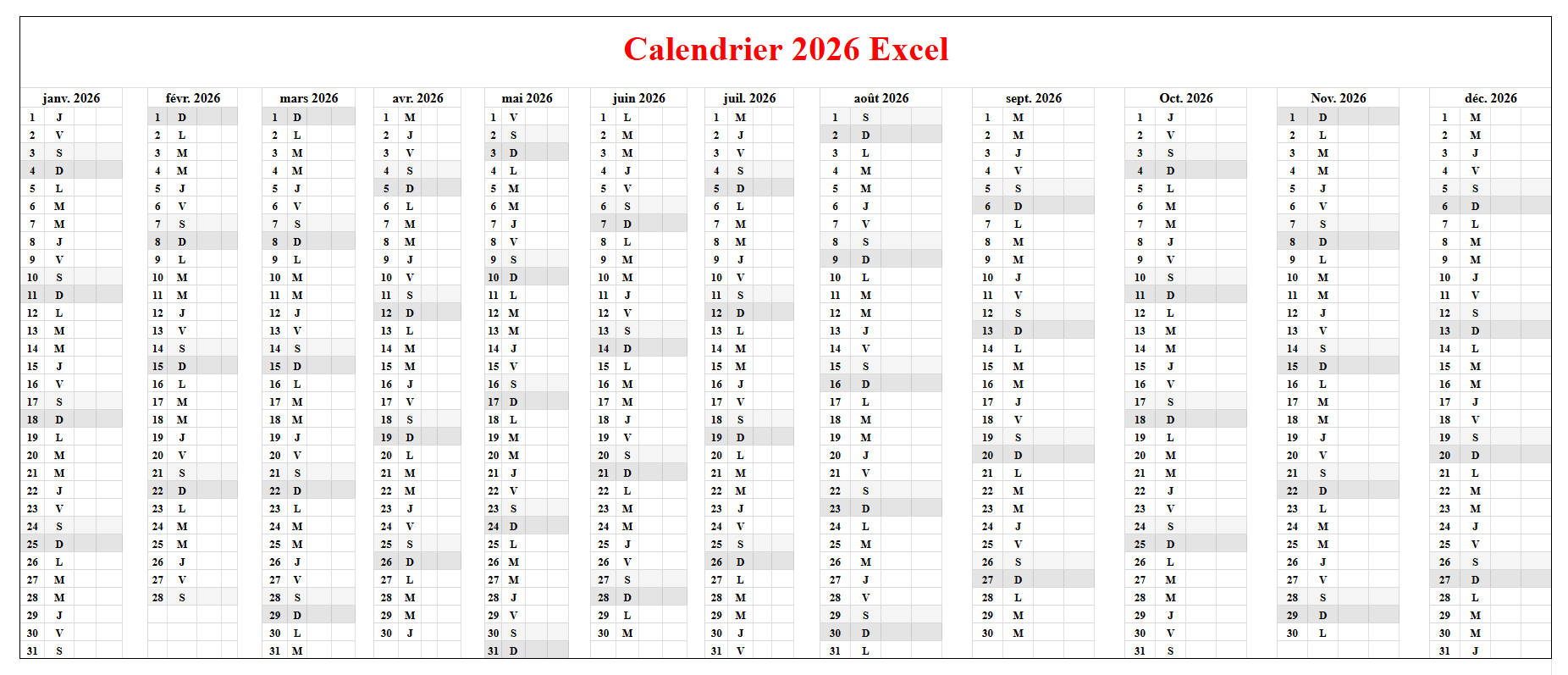 Calendrier 2026 Excel Modifiable
