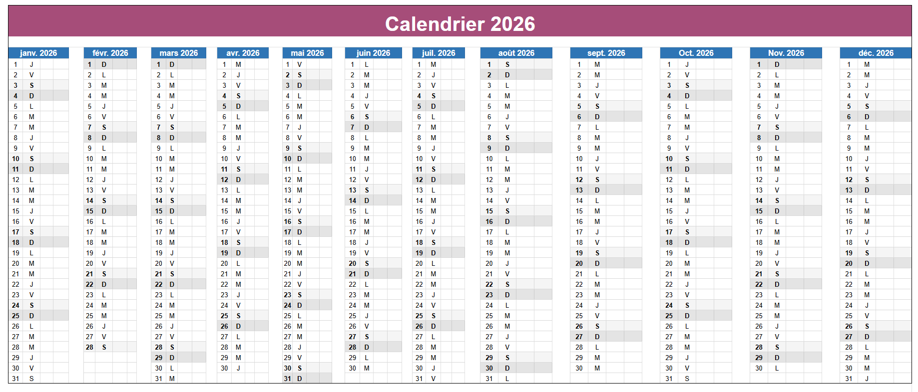 Calendrier 2026 Excel