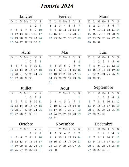 Calendrier 2026 Tunisie PDF