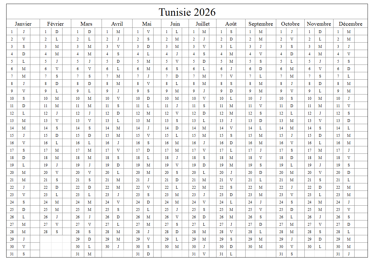 Imprimable Calendrier Tunisie 2026 Jours F ri s En PDF
