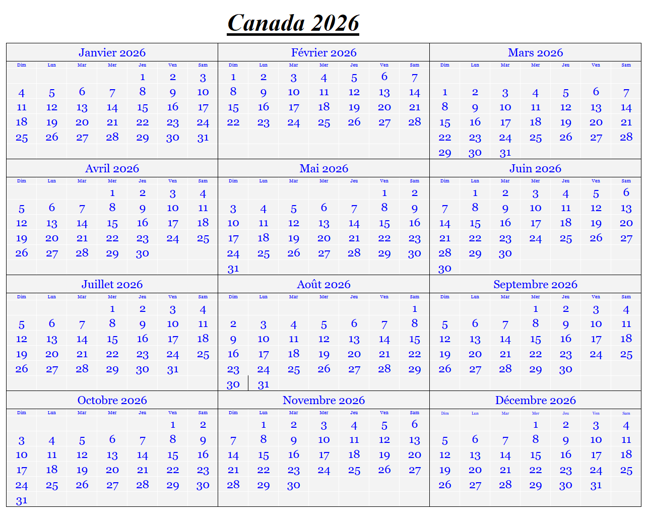 Calendrier Canadien 2026