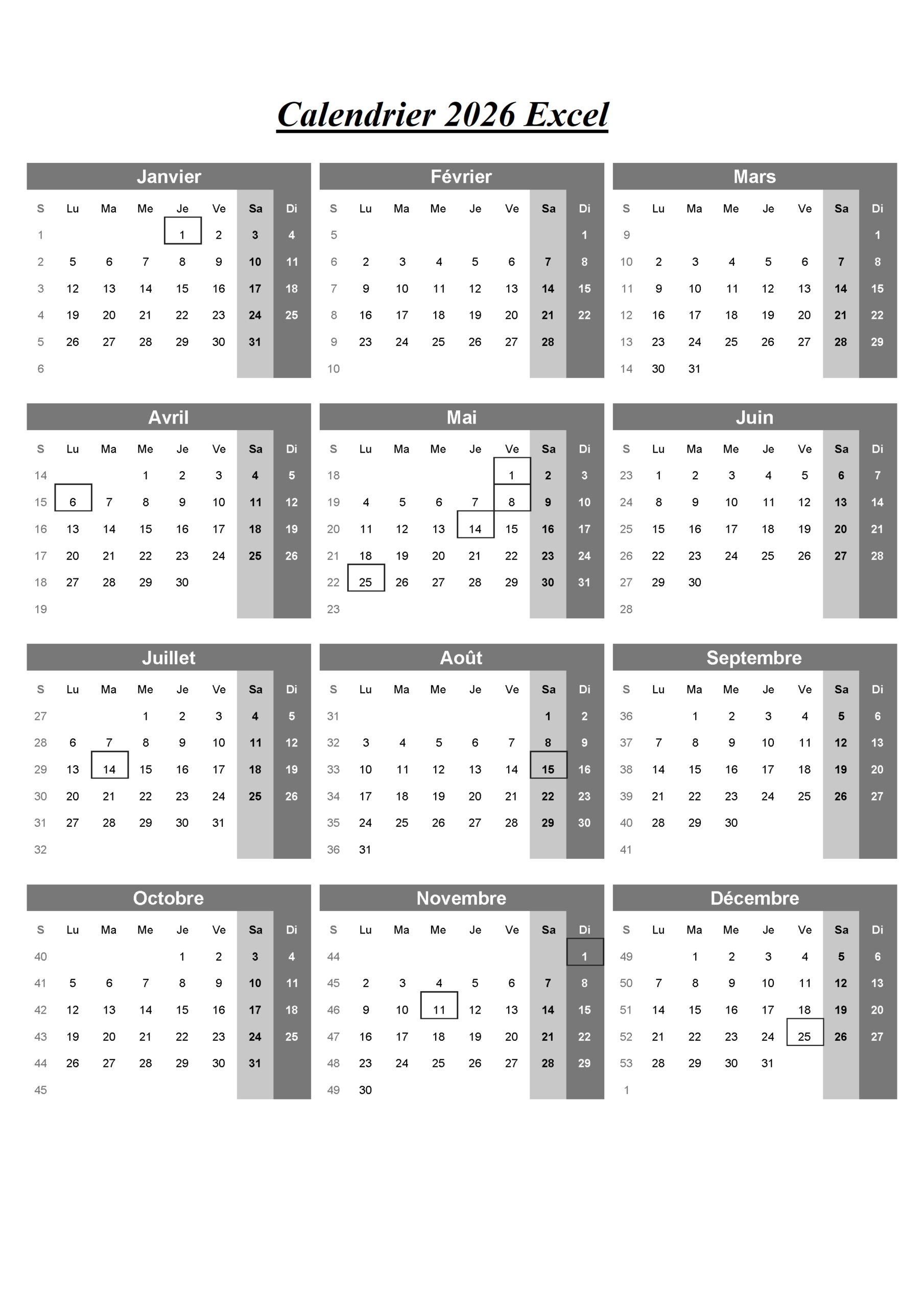 Calendrier Excel 2026