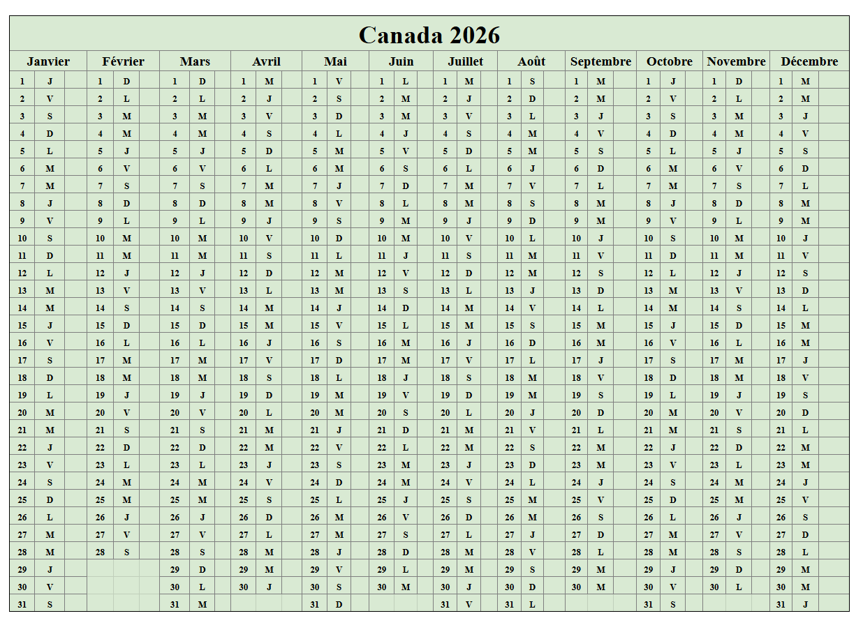 Canada 2026 Calendrier Imprimable