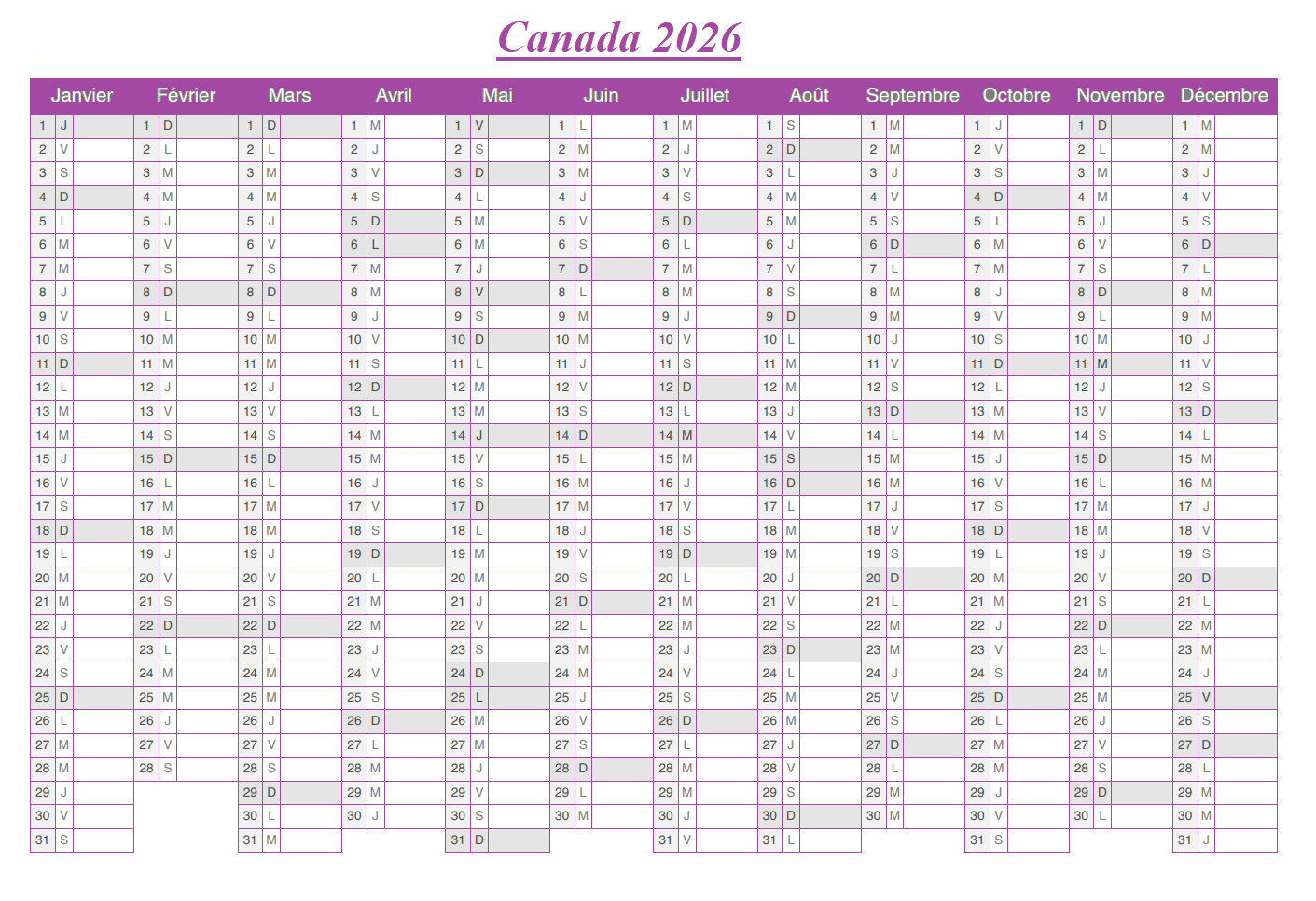 Canada 2026 Calendrier