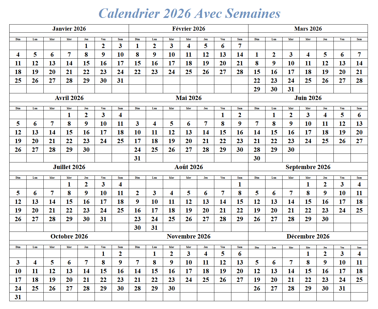 Calendrier 2026 Avec Semaines