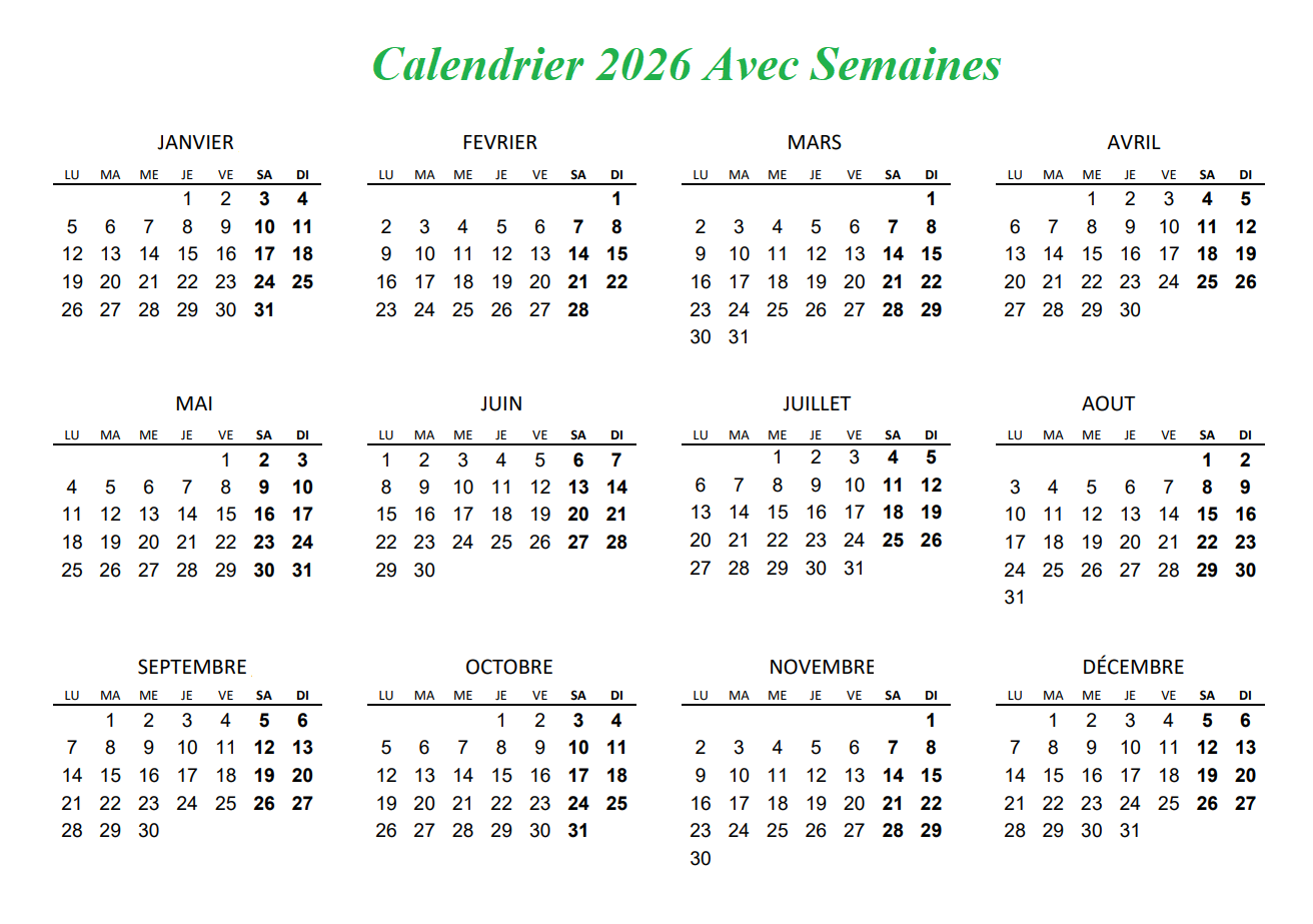 Calendrier Avec Semaine 2026