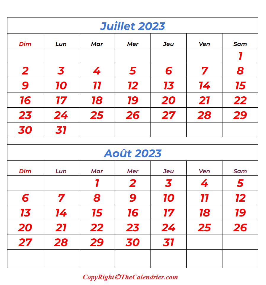 Calendrier Juillet et Août 2023