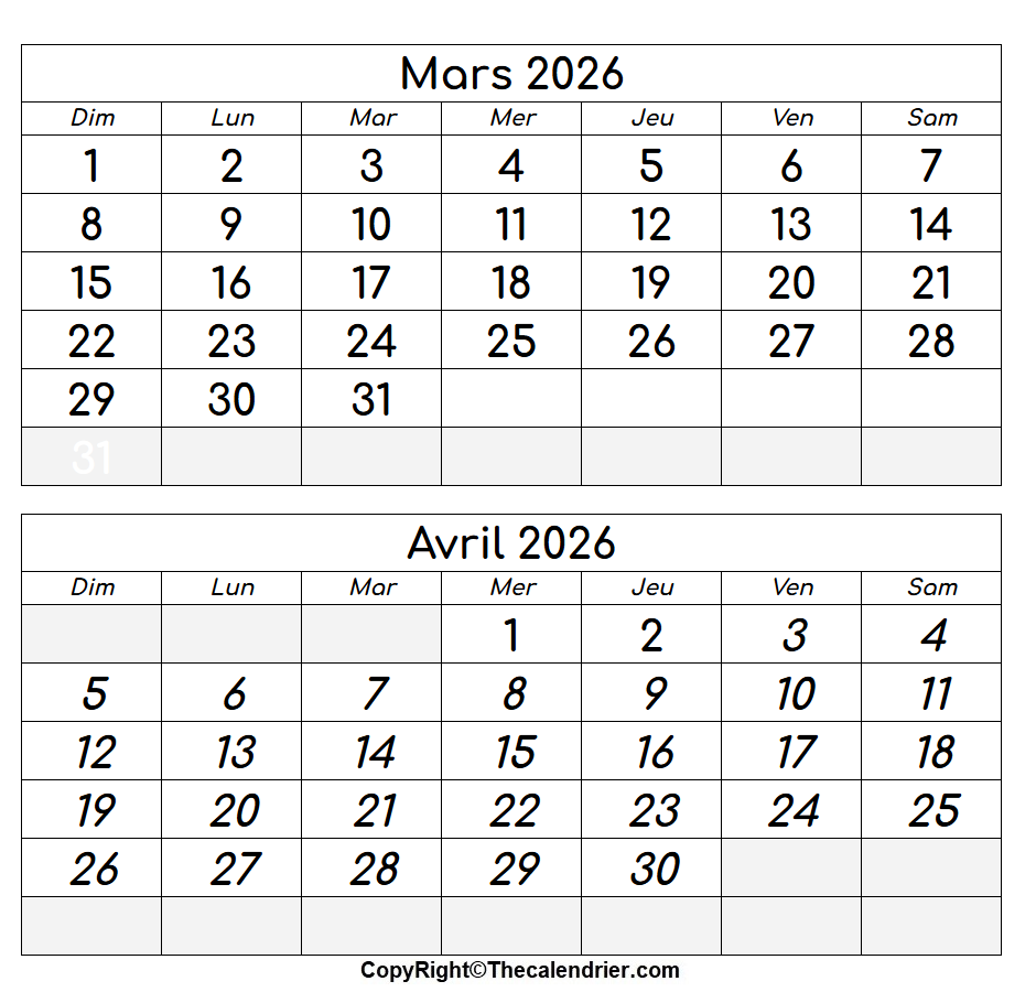 Calendrier Mars Avril 2026 à imprimer