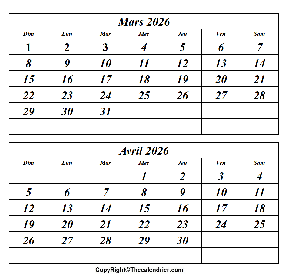 Calendrier Mars Avril 2026