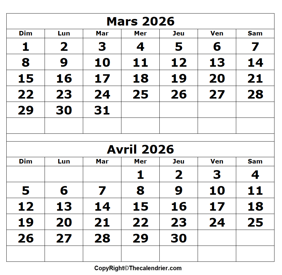 Calendrier Mois Mars Avril 2026 a Imprimer
