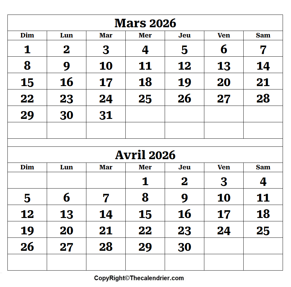 Calendrier Vierge Mars Avril 2026