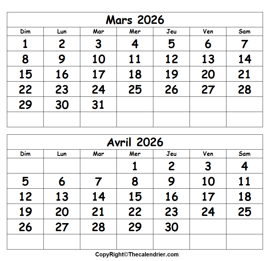 Mars Avril 2026 Calendrier