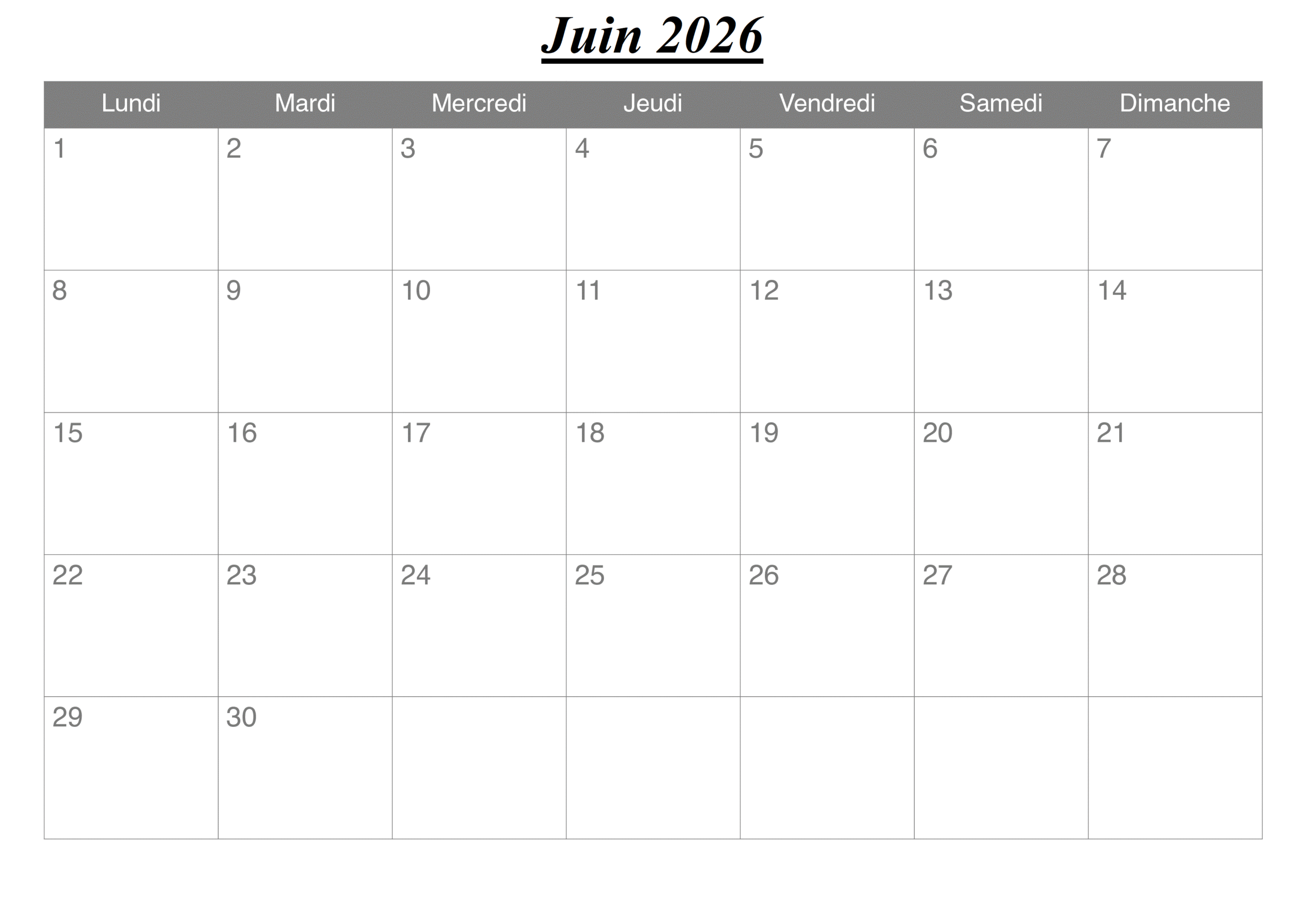 Calendrier Imprimable de Juin 2026