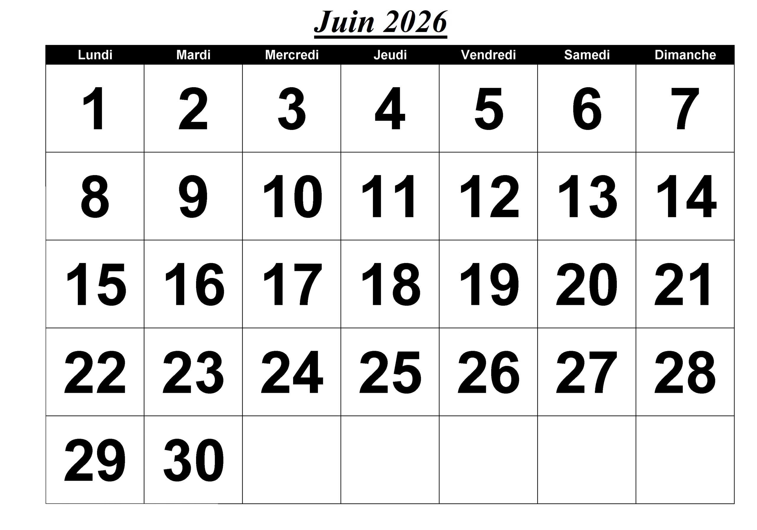 Calendrier Juin 2026