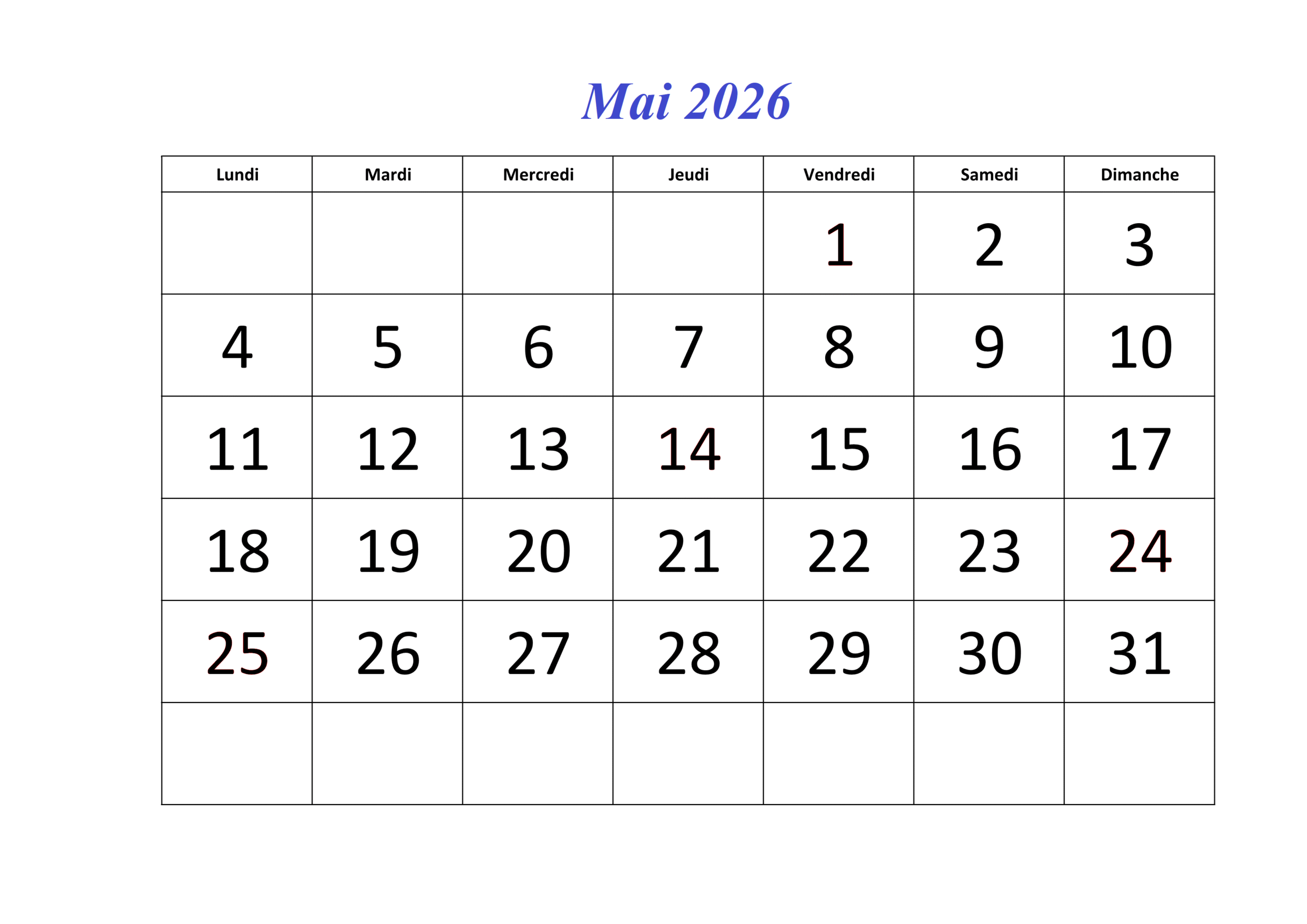 Calendrier Mai 2026 PDF