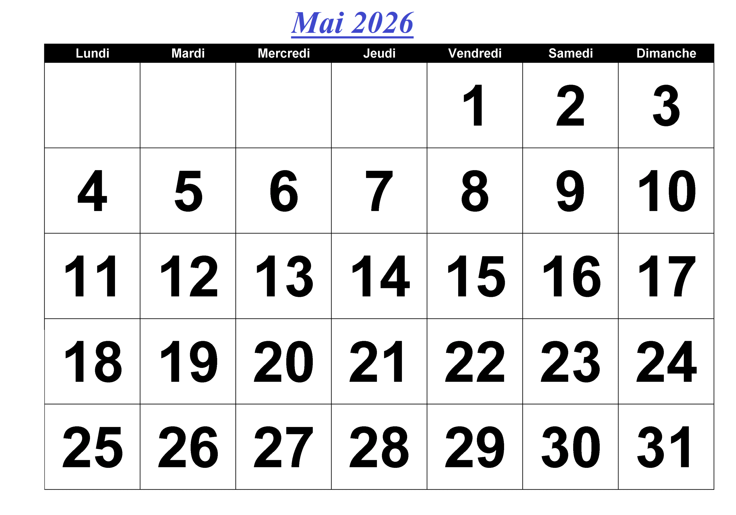 Calendrier Mai 2026 à Imprimable