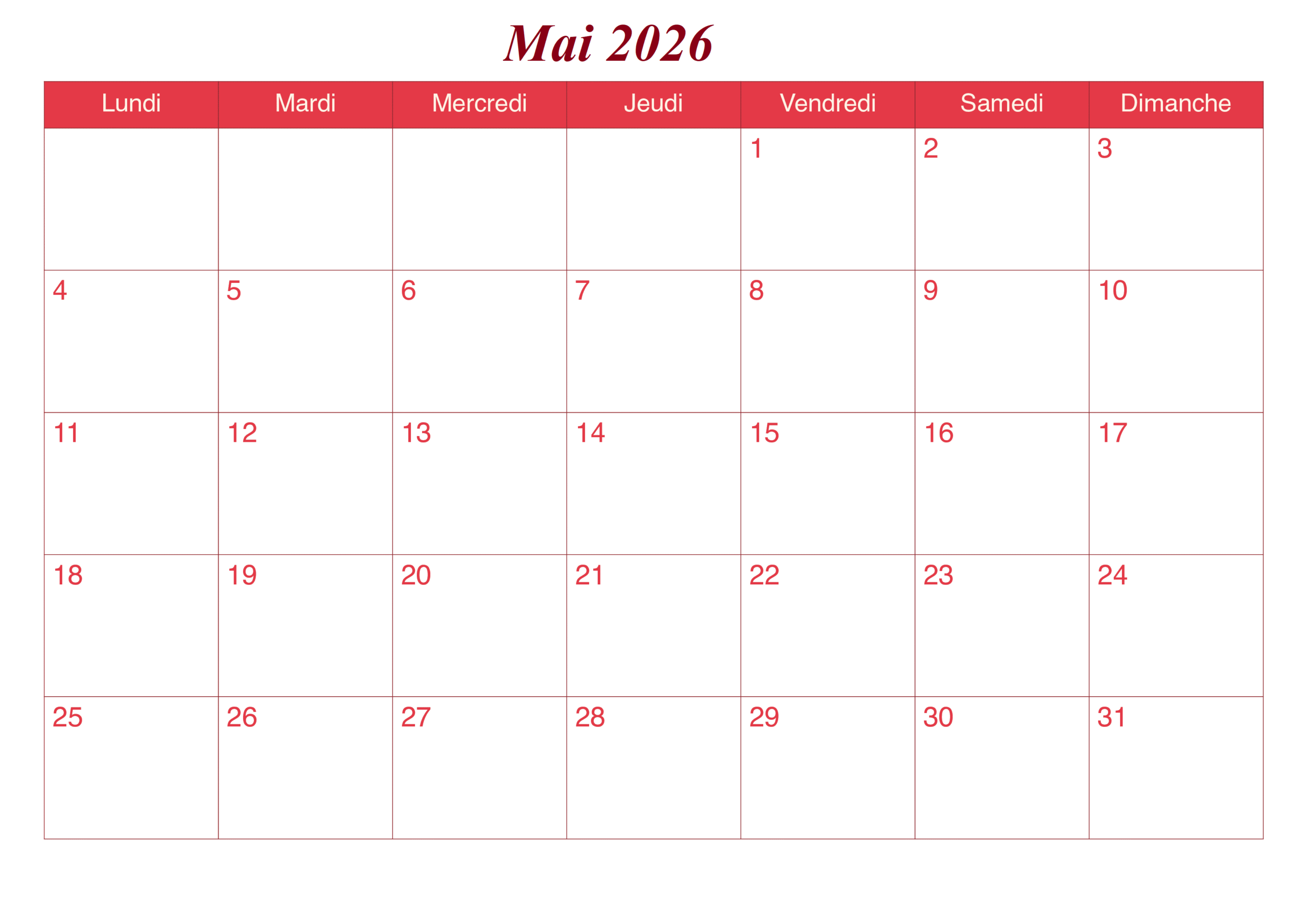 Calendrier Mai 2026